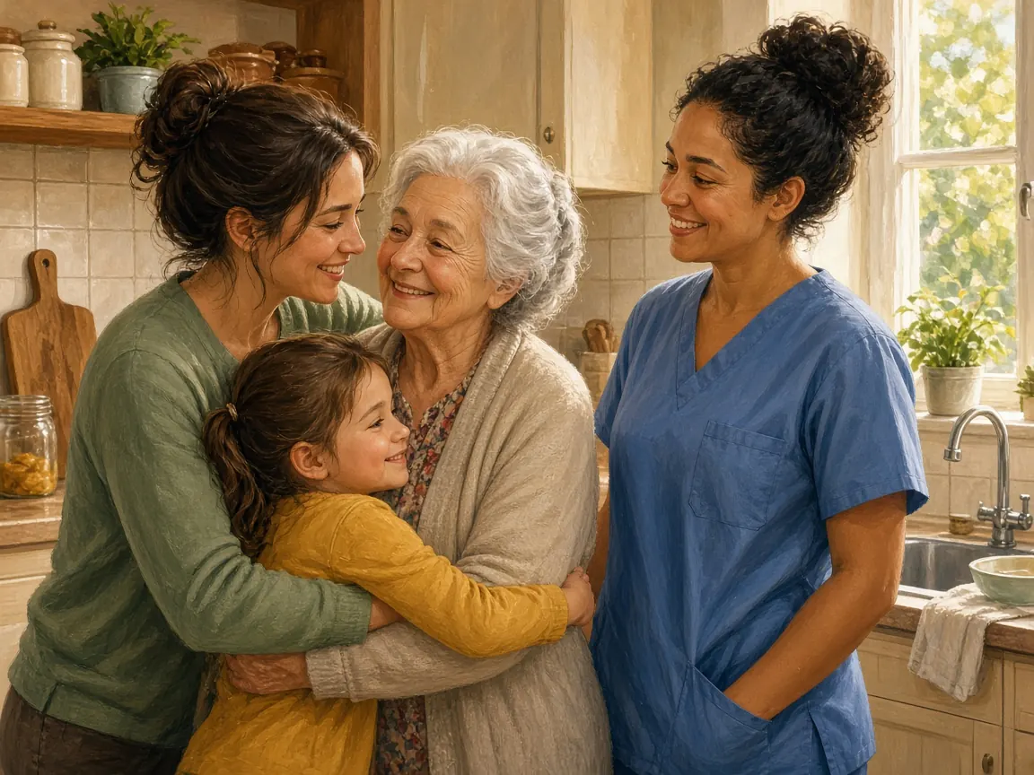 Illustration of an older woman hugging a child in a kitchen, with the child’s mother and a caregiver in scrubs beside them.