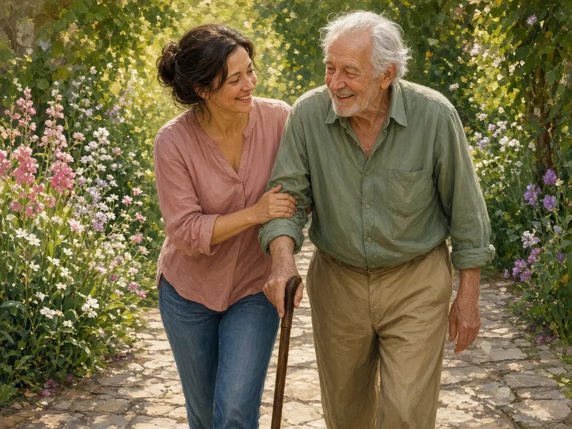 Illustration of a caregiver walking beside an older man with a cane on a flower-lined garden path.