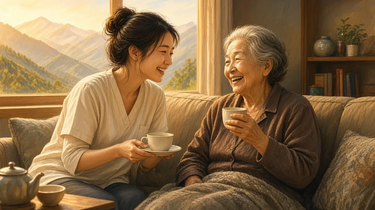 Illustration of a caregiver and an older woman smiling and sharing tea on a couch, with mountains outside the window.