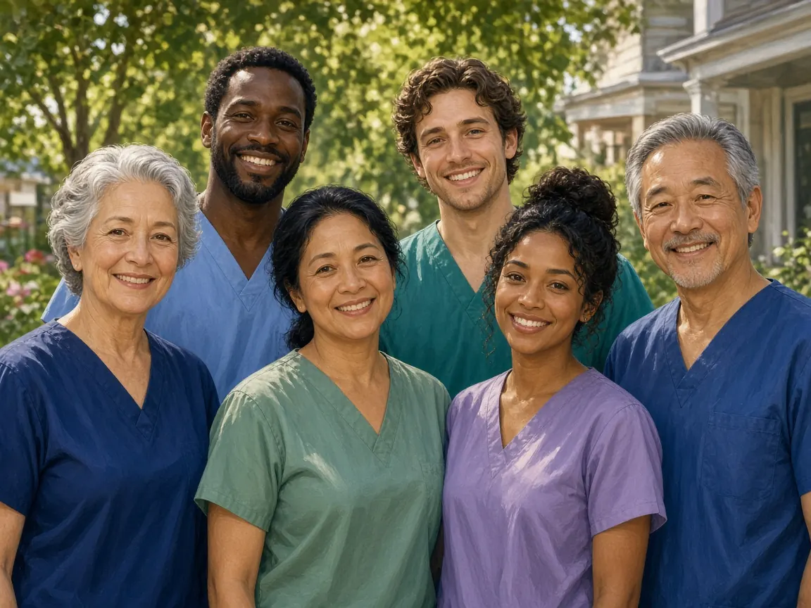 Illustration of six caregivers in scrubs standing together outside a home.